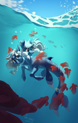 Size: 1600x2500 | Tagged: safe, artist:joan-grace, derpibooru import, oc, oc only, fish, hybrid, merpony, seapony (g4), bubble, commission, conjoined, crepuscular rays, dorsal fin, female, fins, fish tail, flowing mane, multiple heads, ocean, red eyes, signature, sky, smiling, sunlight, swimming, tail, two heads, underwater, water, ych result