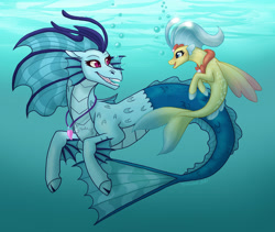 Size: 1024x865 | Tagged: safe, artist:tambelon, derpibooru import, princess skystar, sonata dusk, seapony (g4), siren, my little pony: the movie, bioluminescent, blue mane, crepuscular rays, dorsal fin, female, fin wings, fins, fish tail, flowing mane, flowing tail, freckles, glow, jewelry, looking at each other, necklace, ocean, open mouth, pearl necklace, purple eyes, signature, smiling, sunlight, swimming, tail, underwater, water, wings
