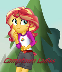 Size: 1024x1194 | Tagged: safe, artist:emeraldblast63, derpibooru import, sunset shimmer, choose your own ending, equestria girls, legend of everfree, aquamarine eyes, belt, camp everfree outfits, female, happy, outdoors, smiling, solo, solo female, sunlight, tomboy, tree, two toned hair, yellow skin