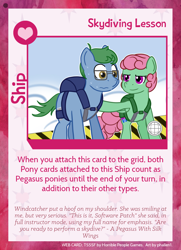 Size: 788x1088 | Tagged: safe, artist:phallen1, derpibooru import, oc, oc only, oc:software patch, oc:windcatcher, earth pony, pegasus, atg 2021, hoof on shoulder, newbie artist training grounds, parachute, playing card, ship card, sweat, twilight sparkle's secret shipfic folder