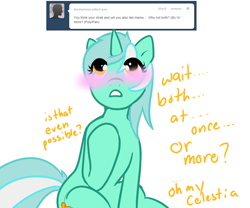 Size: 1080x900 | Tagged: safe, artist:azure-doodle, derpibooru import, lyra heartstrings, pony, unicorn, ask, blushing, looking up, sexually confused lyra, solo, tumblr