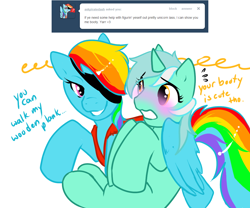 Size: 1080x900 | Tagged: safe, artist:azure-doodle, derpibooru import, lyra heartstrings, rainbow dash, pony, ask, blushing, pirate dash, sexually confused lyra, tumblr