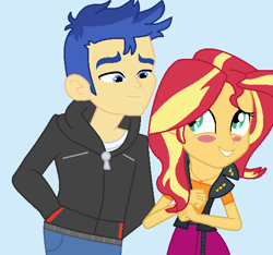 Size: 556x521 | Tagged: safe, artist:harmonyguard, derpibooru import, flash sentry, sunset shimmer, equestria girls, blush sticker, blushing, female, flashimmer, grin, looking at each other, male, shipping, smiling, smiling at each other, straight