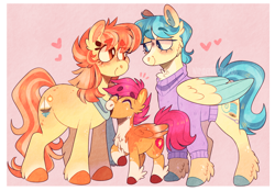 Size: 1468x1024 | Tagged: safe, artist:wanderingpegasus, derpibooru import, aunt holiday, auntie lofty, scootaloo, earth pony, pegasus, pony, aunt and niece, blaze (coat marking), blushing, cheek fluff, chest fluff, clothes, coat markings, colored wings, ear fluff, ears, facial markings, female, filly, freckles, happy, heart, hoof fluff, lesbian, lofty day, looking at each other, mare, multicolored wings, open mouth, pale belly, raised hoof, raised leg, scarf, shipping, smiling, socks (coat marking), sweater, unshorn fetlocks, wings