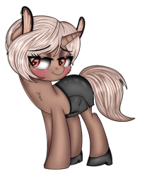 Size: 1129x1404 | Tagged: safe, edit, oc, oc only, oc:gold spoons, pony, unicorn, ponybooru collab 2021, background removed, blushing, chest fluff, clothes, ear fluff, ear piercing, ears, eye clipping through hair, female, horn, mare, piercing, shoes, simple background, skirt, smiling, solo, transparent background, unicorn oc