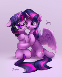 Size: 674x837 | Tagged: safe, artist:luciferamon, artist:tingsan, sci-twi, twilight sparkle, twilight sparkle (alicorn), alicorn, pony, unicorn, collaboration, equestria girls, anatomically incorrect, cute, duality, duo, ears, equestria girls ponified, female, floppy ears, glasses, gray background, happy, hug, incorrect leg anatomy, kneeling, mare, nuzzling, one eye closed, open mouth, open smile, ponified, self ponidox, simple background, smiling, spread wings, twiabetes, twolight, unicorn sci-twi, wing fluff, wings, wink