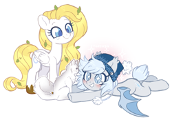 Size: 2741x1909 | Tagged: safe, artist:hawthornss, oc, oc only, oc:cobalt tangle, oc:silver puff, oc:snow puff, bat pony, cat, pegasus, pony, bat pony oc, blushing, cute, female, hat, leaves, long mane, lying down, mare, muddy hooves, prone, simple background, smiling, text, underhoof, watermark, white background, wingding eyes