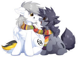 Size: 1400x1035 | Tagged: safe, artist:hioshiru, oc, oc only, oc:kate, oc:kej, pegasus, pony, unicorn, 2019 community collab, boop, chest fluff, clothes, cute, derpibooru community collaboration, eye contact, female, fourth doctor's scarf, k+k, looking at each other, male, mare, noseboop, ocbetes, open mouth, scarf, shared clothing, shared scarf, simple background, sitting, smiling, stallion, straight, transparent background