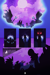 Size: 2100x3150 | Tagged: safe, artist:chaosllama, pony, unicorn, comic:fall of friendship, cloak, clothes, cloud, comic, creature, glowing eyes, magic, moon, portal, silhouette, smiling, smirk, spear, weapon