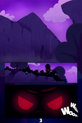 Size: 2100x3150 | Tagged: safe, artist:chaosllama, comic:fall of friendship, cliff, comic, creature, glowing eyes, group, onomatopoeia, silhouette
