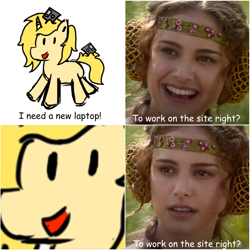 Size: 1695x1695 | Tagged: safe, artist:file, oc, oc:annabelle (zizzydizzymc), unicorn, 4 panel meme, floppy disk, laptop computer, looking at you, meme, op is trying to start shit, smiling, text