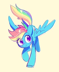 Size: 1200x1446 | Tagged: safe, artist:dawnfire, rainbow dash, pegasus, pony, female, mare, signature, simple background, solo, spread wings, wings, yellow background