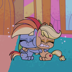Size: 1080x1080 | Tagged: safe, derpibooru import, screencap, applejack, rainbow dash, earth pony, pegasus, pony, close encounters of the balloon kind, my little pony: pony life, spoiler:pony life s02e05, applejack's hat, cheek squish, clothes, cowboy hat, cropped, duo, duo female, eyes closed, female, hat, hug, mare, scared, shivering, sitting, squishy cheeks, sugarcube corner, teeth