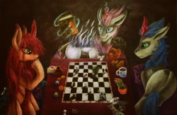 Size: 4569x2988 | Tagged: safe, artist:cahandariella, derpibooru import, oc, oc only, bird, kirin, nirik, book, cactus, chess, chessboard, coffee mug, colored pencil drawing, dice, high res, kirin oc, mug, playing card, traditional art