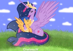 Size: 2048x1431 | Tagged: safe, artist:chelseawest, derpibooru import, flash sentry, princess twilight 2.0, twilight sparkle, twilight sparkle (alicorn), alicorn, pegasus, pony, the last problem, couple, crown, cuddling, cutie mark, ethereal mane, ethereal tail, eyes closed, female, flashlight, height difference, hoof shoes, horn, husband and wife, jewelry, male, mare, married couple, older, older flash sentry, older twilight, older twilight sparkle (alicorn), peytral, regalia, shipping, size difference, spread wings, stallion, starry mane, starry tail, straight, wings