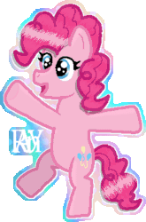 Size: 524x794 | Tagged: safe, artist:jazminakarainy, derpibooru import, pinkie pie, earth pony, pony, animated, bipedal, blue eyes, cutie mark, eye shimmer, open mouth, pink body, pink hair, shiny, shiny mane, simple background, solo, standing, standing on one leg, sticker, transparent background, white border