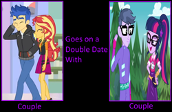Size: 980x635 | Tagged: safe, artist:bigpurplemuppet99, derpibooru import, flash sentry, microchips, sci-twi, sunset shimmer, twilight sparkle, equestria girls, equestria girls series, double date, female, flashimmer, male, microlight, shipping, straight, wrong aspect ratio