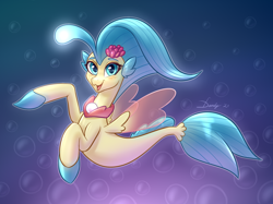 Size: 1890x1417 | Tagged: safe, artist:dandy, derpibooru import, princess skystar, seapony (g4), my little pony: the movie, atg 2021, bioluminescent, blue mane, blushing, bubble, clothes, dorsal fin, eyelashes, female, fin wings, fins, fish tail, flower, flower in hair, flowing mane, flowing tail, glow, happy, jewelry, looking at you, necklace, newbie artist training grounds, ocean, open mouth, pearl necklace, see-through, signature, simple background, smiling, solo, tail, underwater, water, wings