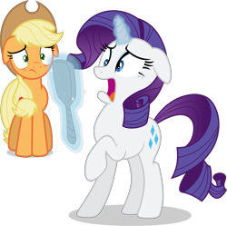 Size: 4344x4330 | Tagged: safe, artist:estories, artist:frownfactory, artist:tomfraggle, derpibooru import, edit, editor:slayerbvc, applejack, rarity, earth pony, pony, unicorn, absurd resolution, applejack's hat, clothes, cowboy hat, duo, duo female, ears, female, floppy ears, freckles, gasp, glowing horn, hand mirror, hat, horn, horrified, magic, magic aura, mare, marshmelodrama, open mouth, raised hoof, raised leg, rarity being rarity, shocked, simple background, stetson, telekinesis, the worst possible thing, transparent background, vector, vector edit