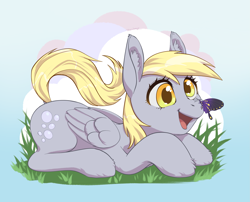 Size: 3005x2426 | Tagged: safe, artist:taytinabelle, derpibooru import, derpy hooves, butterfly, pegasus, pony, butterfly on nose, cute, derpabetes, dock, ear fluff, ears, female, grass, happy, insect on nose, lying down, mare, open mouth, open smile, prone, simple background, smiling, solo, unshorn fetlocks