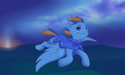 Size: 4000x2396 | Tagged: safe, artist:aquoquoo, derpibooru import, oc, oc only, oc:stardust, pegasus, clothes, flying, high res, male, night, pegasus oc, sky, solo, spread wings, stallion, stars, sweater, wings