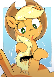 Size: 896x1270 | Tagged: safe, artist:nendo, derpibooru import, applejack, earth pony, pony, applejack's hat, blush sticker, blushing, brushing, clothes, comb, cowboy hat, cute, female, hairband, hat, hoof hold, jackabetes, loose hair, mouth hold, silly, silly pony, solo, sweat, sweatdrop, who's a silly pony