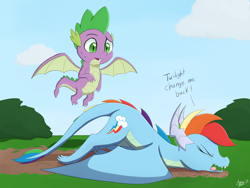 Size: 2000x1502 | Tagged: safe, artist:arcane-thunder, derpibooru import, rainbow dash, spike, dragon, crash landing, dialogue, dragoness, dragonified, eyes closed, female, implied twilight sparkle, male, open mouth, rainbow crash, rainbow dragon, species swap, winged spike, wings