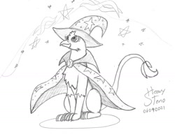 Size: 1280x1002 | Tagged: safe, artist:heavysteno, derpibooru import, trixie, griffon, atg 2021, brooch, cape, clothes, female, griffonized, hat, jewelry, monochrome, newbie artist training grounds, solo, species swap, traditional art, trixie's brooch, trixie's cape, trixie's hat