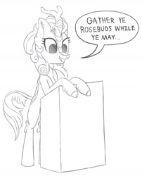 Size: 1600x1977 | Tagged: safe, artist:pegapone, derpibooru import, autumn blaze, kirin, atg 2021, bipedal, cloven hooves, dead poets society, dialogue, ear fluff, ears, monochrome, newbie artist training grounds, podium, poetry, scales, simple background, solo, standing, tail, talking, text, white background