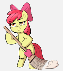 Size: 1750x1968 | Tagged: safe, artist:heretichesh, derpibooru import, apple bloom, earth pony, pony, apple bloom's bow, bipedal, bored, bow, broom, female, filly, hair bow, pun, solo, visual pun