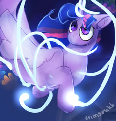 Size: 1280x1334 | Tagged: safe, artist:huskylovemlp, derpibooru import, twilight sparkle, twilight sparkle (alicorn), alicorn, jellyfish, pony, seapony (g4), my little pony: the movie, bondage, coral, female, fin wings, flowing mane, glow, horn, ocean, purple eyes, redraw, scene interpretation, seaponified, seapony twilight, seaquestria, signature, solo, species swap, tentacle bondage, tentacles, trapped, underwater, water, wings