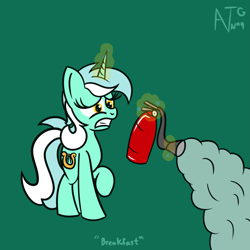 Size: 1999x1999 | Tagged: safe, artist:dafiltafish, derpibooru import, lyra heartstrings, pony, unicorn, atg 2021, female, fire extinguisher, levitation, magic, mare, newbie artist training grounds, panic, simple background, solo, telekinesis