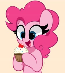 Size: 3528x3936 | Tagged: safe, artist:kittyrosie, derpibooru import, pinkie pie, earth pony, pony, blushing, cupcake, cute, diapinkes, food, herbivore, high res, muffin, open mouth, simple background, solo, yellow background