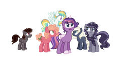 Size: 2160x1072 | Tagged: safe, artist:gallantserver, derpibooru import, oc, oc only, oc:camlet, oc:erebus, oc:misty rainbow, oc:pixie core, oc:sherbet fritter, oc:somnium, earth pony, pegasus, pony, unicorn, female, magical lesbian spawn, male, mare, offspring, parent:applejack, parent:big macintosh, parent:fluttershy, parent:inky rose, parent:king sombra, parent:oc:silverlay, parent:pinkie pie, parent:rainbow dash, parent:rarity, parent:tempest shadow, parent:twilight sparkle, parent:vapor trail, parents:canon x oc, parents:pinkiemac, parents:silverjack, parents:sombrashy, parents:tempestlight, parents:vapordash, simple background, stallion, transparent background