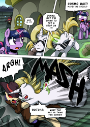 Size: 1204x1700 | Tagged: safe, artist:tarkron, derpibooru import, twilight sparkle, twilight sparkle (alicorn), oc, oc:cosmo cool, alicorn, pony, unicorn, comic:the royal sandal, glasses, glowing horn, grammar error, horn, speech bubble, spy, unicorn oc