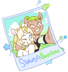 Size: 700x745 | Tagged: safe, artist:lavvythejackalope, derpibooru import, oc, oc only, earth pony, pony, unicorn, bust, clothes, collar, commission, duo, ear piercing, earth pony oc, grin, horn, one eye closed, outdoors, piercing, selfie, side hug, simple background, smiling, transparent background, unicorn oc, wink, ych result