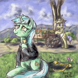 Size: 1000x1000 | Tagged: safe, artist:clarkeotterton, derpibooru import, lyra heartstrings, oc, oc:morning dew, fanfic:background pony, atg 2021, blushing, cart, clothes, flower, hoodie, lyre, musical instrument, newbie artist training grounds, palindrome get, tulip