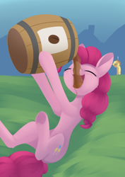 Size: 988x1394 | Tagged: safe, artist:dusthiel, derpibooru import, applejack, pinkie pie, earth pony, pony, atg 2021, barrel, coffee, drinking, exclamation point, eyes closed, misleading thumbnail, newbie artist training grounds, open mouth, pinkie found the coffee, solo focus, this will not end well, xk-class end-of-the-world scenario
