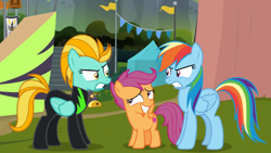 Size: 1366x768 | Tagged: safe, derpibooru import, screencap, lightning dust, rainbow dash, scootaloo, pony, the washouts (episode), angry, awkward smile, female, filly, glare, grin, mare, nervous, nervous grin, rivalry, smiling, the washouts, trio