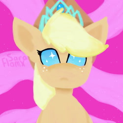 Size: 1773x1773 | Tagged: safe, artist:saraflamx, derpibooru import, applejack, earth pony, pony, my little pony: pony life, the tiara of truth, spoiler:pony life s02e06, blonde, blonde mane, blue eyes, closed mouth, drawing, hat, jewelry, magic, pink background, simple background, tiara