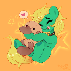 Size: 3000x3000 | Tagged: safe, artist:sugarstar, derpibooru import, oc, oc only, oc:professor sugarcube, earth pony, pony, abstract background, choker, cute, eyes closed, female, happy, heart, open mouth, platypus, plushie, solo, underhoof