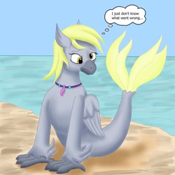 Size: 1200x1200 | Tagged: safe, artist:termyotter, derpibooru import, derpy hooves, hippogriff, hybrid, seapony (g4), atg 2021, beach, female, i just don't know what went wrong, implied transformation, jewelry, necklace, newbie artist training grounds, solo, species swap, water