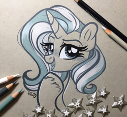 Size: 2819x2598 | Tagged: safe, artist:emberslament, derpibooru import, trixie, pony, unicorn, blushing, bust, colored pencil drawing, colored pencils, female, heart eyes, high res, irl, irl photo, looking at you, mare, monochrome, open mouth, open smile, photo, portrait, raised eyebrow, smiling, smiling at you, smug, solo, traditional art, wingding eyes