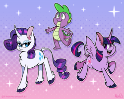 Size: 2805x2244 | Tagged: safe, artist:irkenmoonwalker, derpibooru import, rarity, spike, twilight sparkle, twilight sparkle (alicorn), alicorn, dragon, pony, unicorn, abstract background, female, male