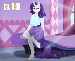 Size: 1600x1300 | Tagged: safe, artist:vera2002, derpibooru import, rarity, anthro, unguligrade anthro, unicorn, blouse, clothes, female, indoors, looking at you, mare, sitting, skirt, solo, unshorn fetlocks