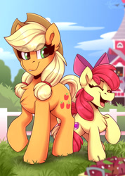 Size: 1600x2250 | Tagged: safe, artist:shadowreindeer, derpibooru import, apple bloom, applejack, earth pony, pony, apple, applejack's hat, barn, bow, bush, chest fluff, clothes, cloud, cowboy hat, eye clipping through hair, eyelashes, eyes closed, female, fence, filly, food, grass, hair bow, hat, mare, open mouth, open smile, raised hoof, raised leg, siblings, sisters, sky, smiling, tree