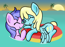 Size: 2000x1449 | Tagged: safe, artist:dinkyuniverse, derpibooru import, sassaflash, sea swirl, seafoam, atg 2021, cute, eyes closed, female, floaty, lesbian, newbie artist training grounds, shipping, water, wet, wet mane