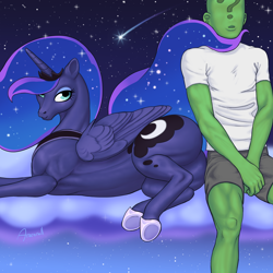 Size: 1250x1250 | Tagged: safe, artist:arareroll, derpibooru import, princess luna, oc, oc:anon, alicorn, human, pony, female, hoers, human male, male, mare, tail seduce, teaser, teasing