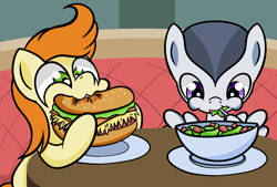 Size: 2956x2000 | Tagged: safe, artist:dinkyuniverse, derpibooru import, gallop j. fry, rumble, atg 2021, colt, eating, food, male, newbie artist training grounds, salad, sandwich