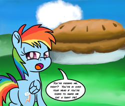 Size: 2000x1700 | Tagged: safe, artist:saburodaimando, derpibooru import, rainbow dash, pegasus, pony, atg 2021, female, filly, filly rainbow dash, food, newbie artist training grounds, open mouth, pie, speech bubble, younger